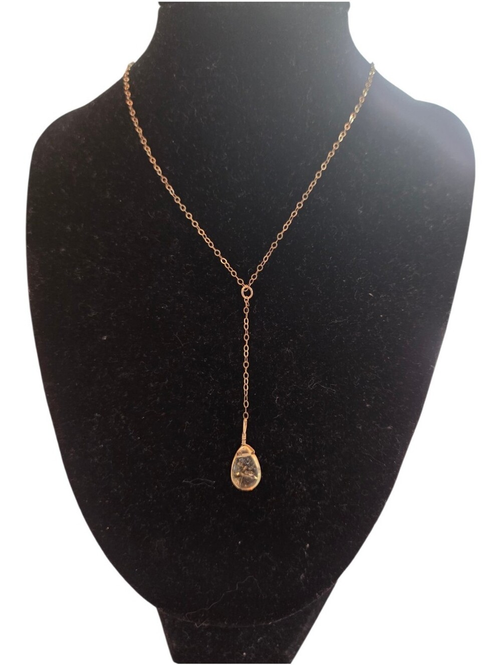 14k Gold Filled Citrine Rutilated Quartz Lariat Drop Necklace Vintage